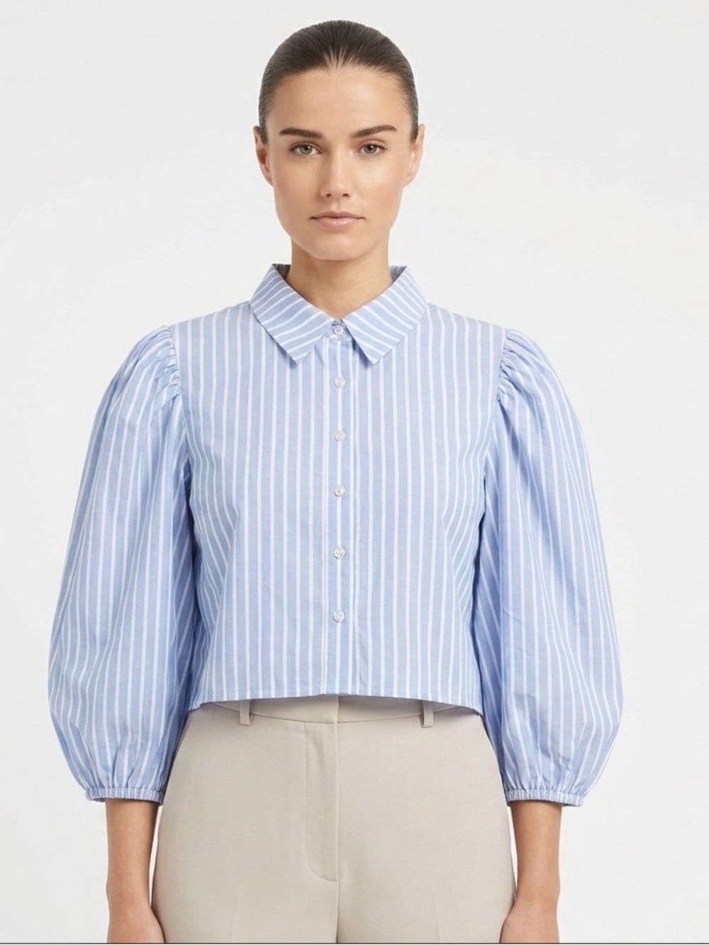 Striped Puff-Sleeve Cropped Shirt - Light Blue size XL